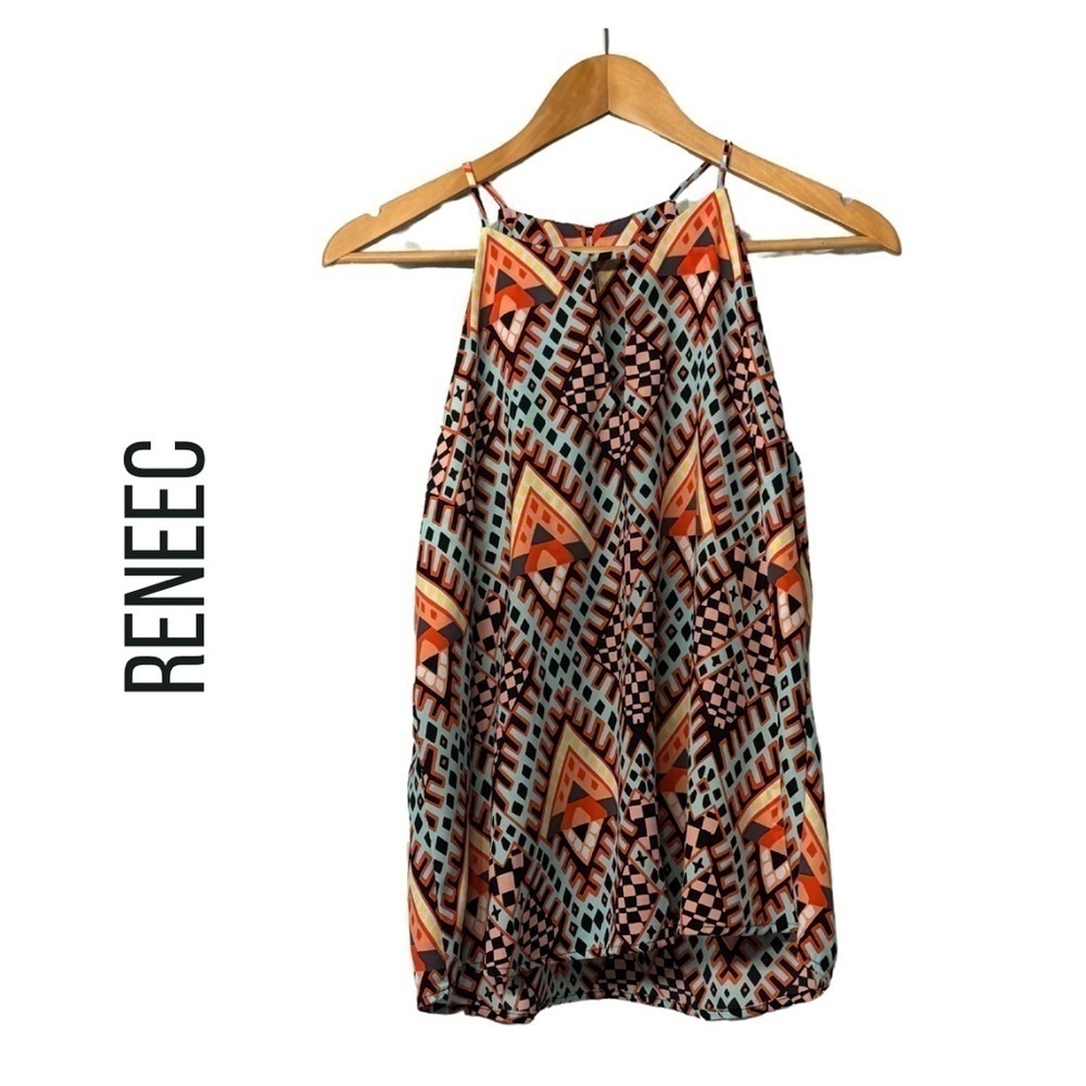 ReneeC Sleeveless Geometric Print V Neck Large Top